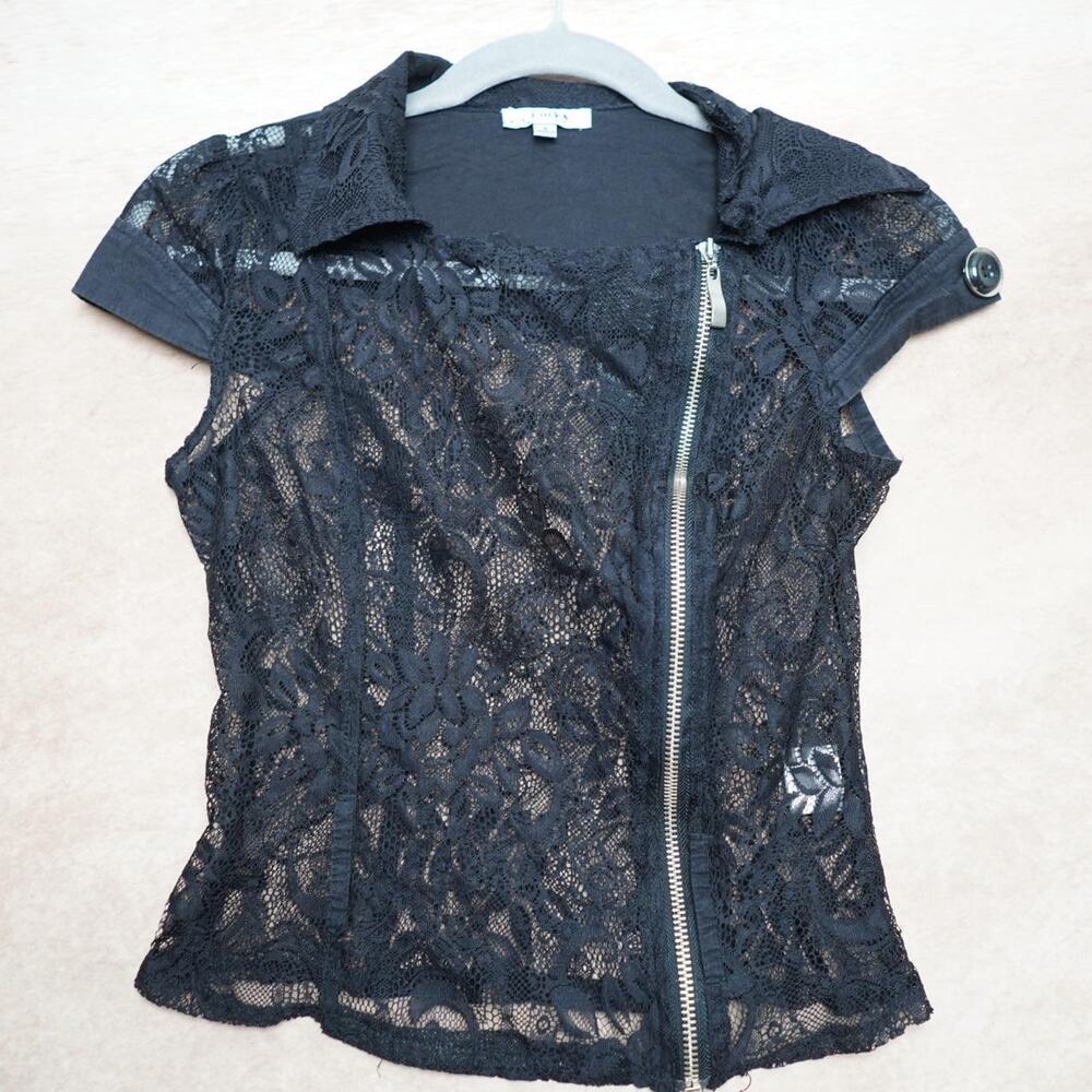 Entry Black Lace Zip Up Collared Top Small Y2K Grunge